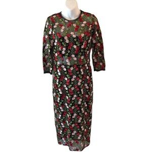Alexis Floral Miller Sheath Midi Dress Black Red Embroidered Flowers Sheer Large
